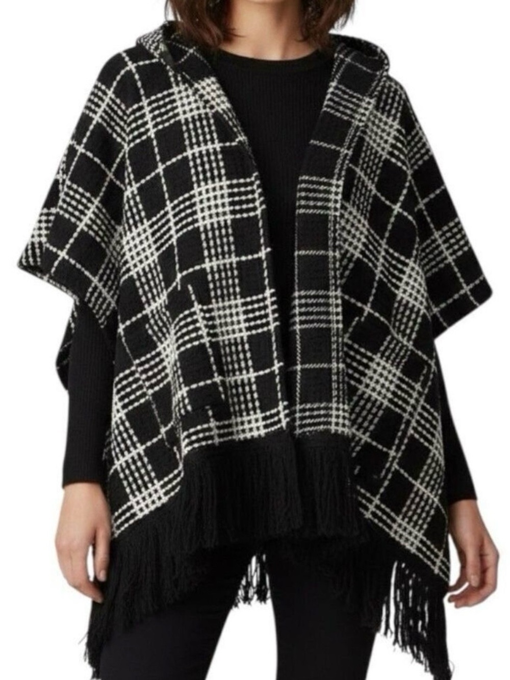 MUSE The Label plaid hooded poncho shawl wrap size medium black & white